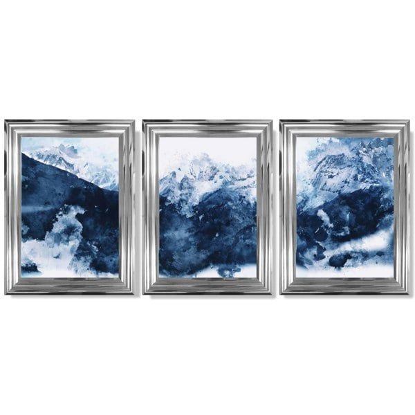 Abstract Navy Blue Mountains Set of 3 Framed Art Prints with Glossy Chrome Frames