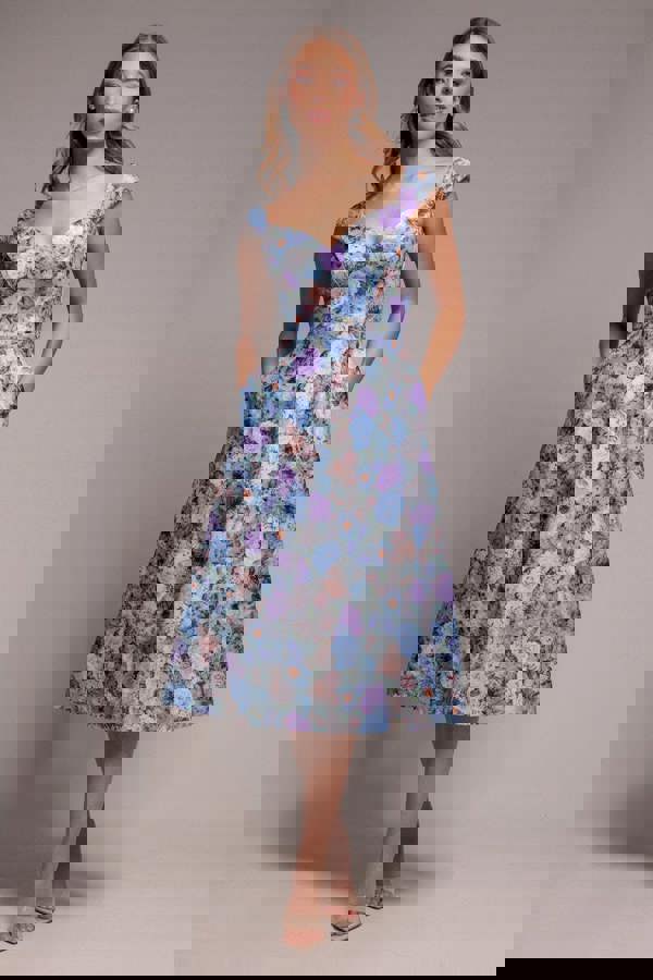 Floral Print A-Line Sweetheart Midi Dress - Sage Green DR4635