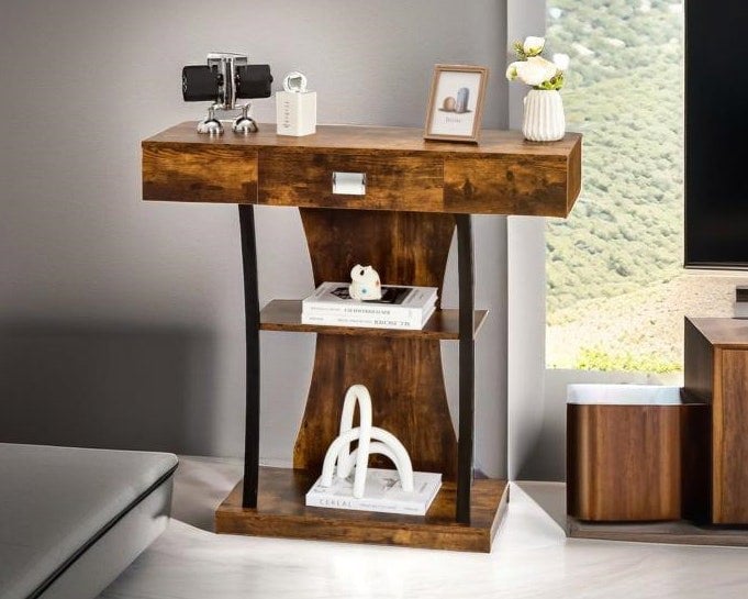 Modcraft Rustic Wooden T-Shaped Console Table with Drawer