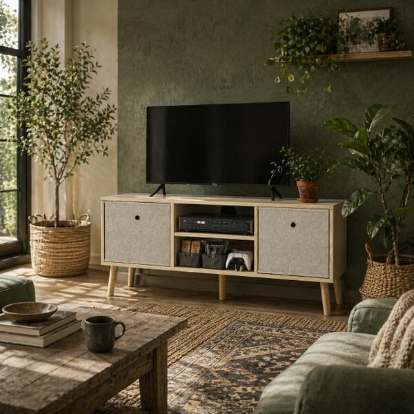 Wyld Haus Lepa Yoha 110cm Natural Wood TV Storage Cabinet With Fabric Fold Down Drawers For Screens Up To 50 Inches