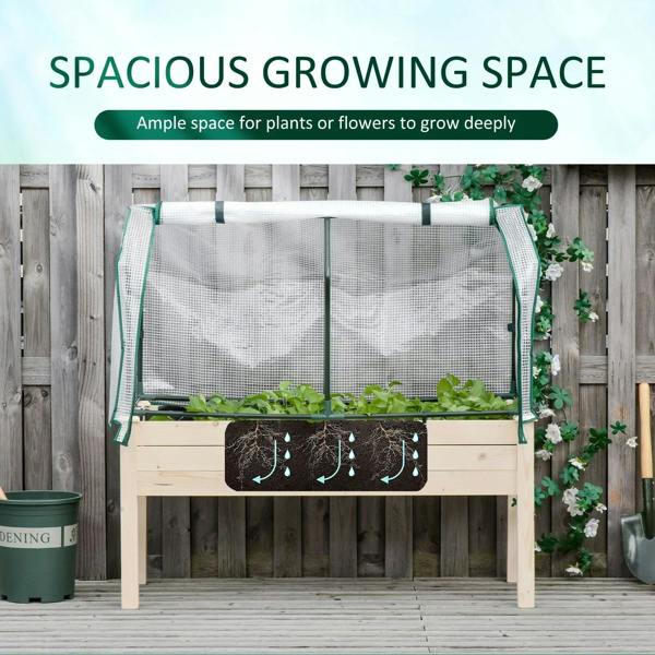 Elevated planter box with white mesh PE cover and green frame, plants inside