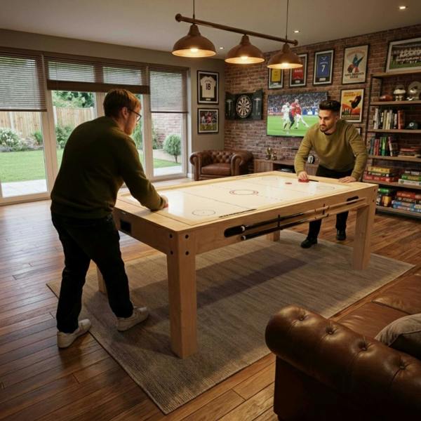7-in-1 games table and storage bench in oak, featuring two players enjoying air hockey in a cozy, well-lit game room setting