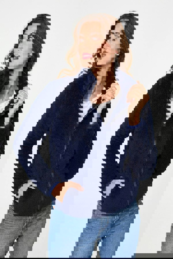 Navy | Soft Texture Zip Front High Neck Fleece
