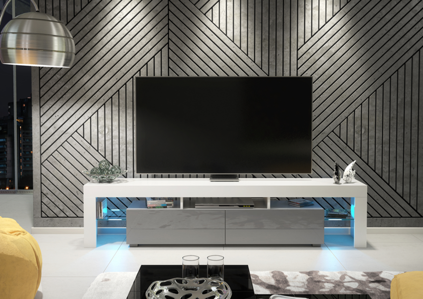 Mex Furniture Sleek 200cm TV Unit Cabinet Stand High Gloss Doors with Free LED Lights