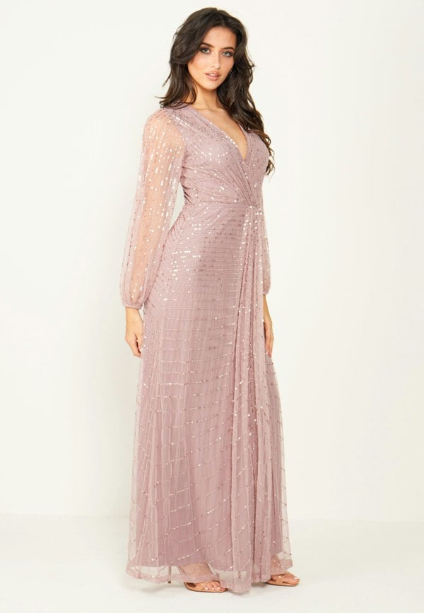 Embellished Long Mesh Sleeve Maxi Dress in Lavender - ANGELEYE
