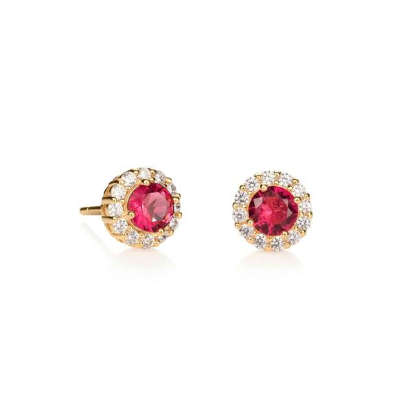 namana Gold Plated Sterling Silver Red Cubic Zirconia Round Halo Stud Earrings