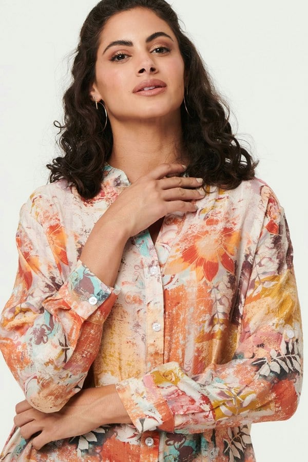 Orange | Abstract Long Sleeve Short Shirt Dress
