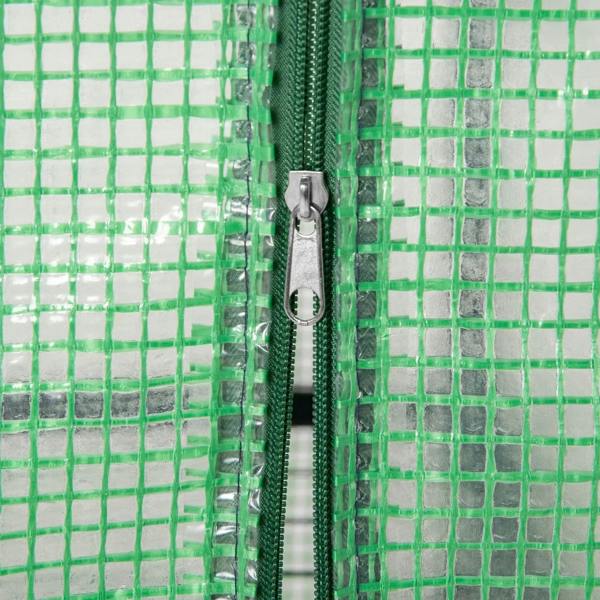 Green PE mesh greenhouse door with metal zipper and pull tab on the side seam
