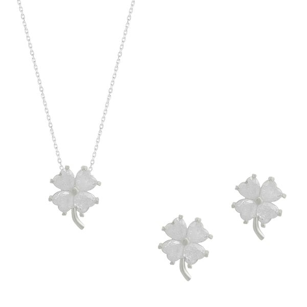 Spero London Four Leaf Clover Sterling Silver Necklace and Earring Set - White