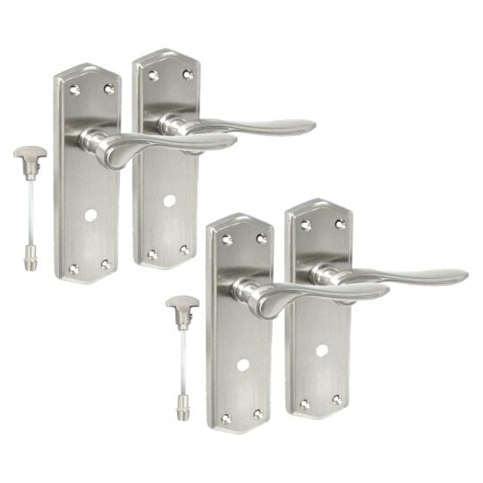 EDH Door Hardware Satin Finish Bathroom Door Handle On Shaped Backplate + Bath Lock