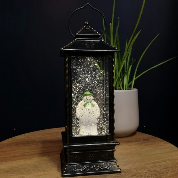 Samuel Alexander 28cm Dual Power LED Christmas Glitter Water Spinner Rustic Lantern The Snowman & The Snow dog™ Scene