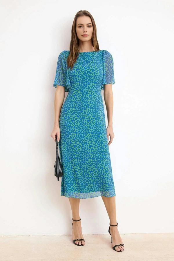 WOVCOR Animal Print A-Line Lined Chiffon Midi Dress