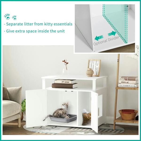 White wooden cat litter box enclosure with side opening, cat inside, and flat tabletop