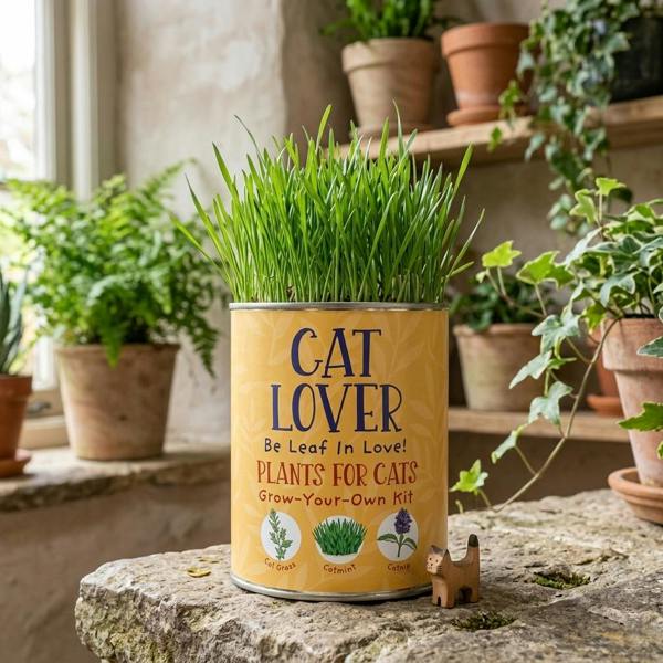 Cat Lovers Eco Grow Your Own Plant Kit tin filled with sprouted green cat grass on a rustic stone window ledge.