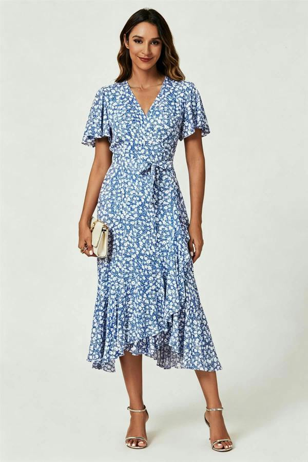 FS Collection Floral Print Midi Wrap Dress In Blue