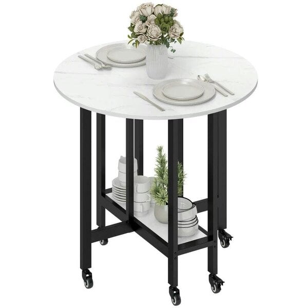 Folding Dining Table, Drop Leaf Table with Open Shelf, Rolling Kitchen Table for Dining Room, Small Spaces, White Marble