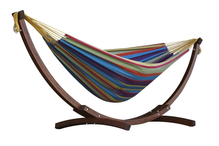 Vivere Double Cotton Hammock with Solid Pine Arc Stand - Tropical