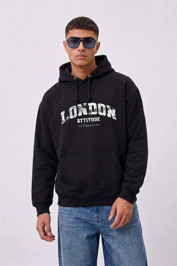 London Attitude Relaxed Fit Collegiate Graphic Hoodie in White