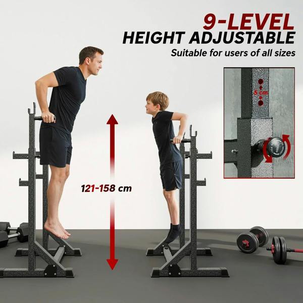 Height-adjustable squat rack with multiple hole positions on the uprights and feet bases