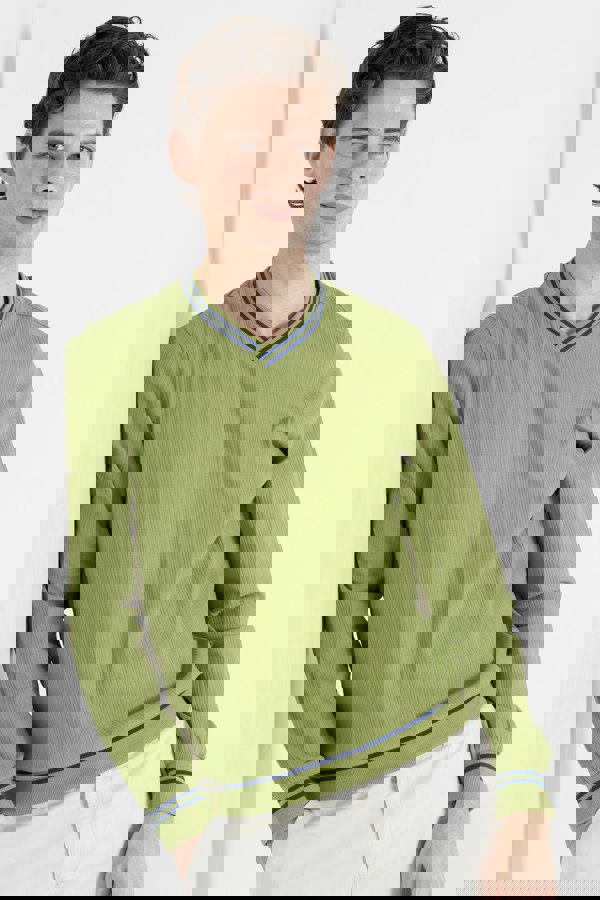 ENORSIA Green Contrast Ribbing V-Neck Sweatshirt
