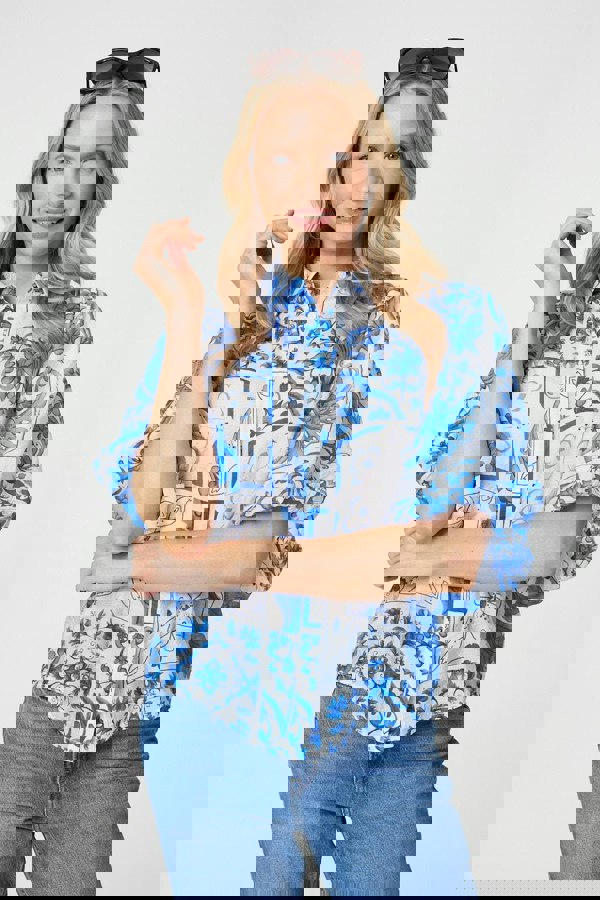 Blue | Patchwork Print 1/2 Puff Sleeve Shirt