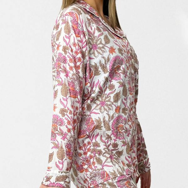 Hayley & Co Block Print Floral 100% Cotton Long Pyjama Set in White and Pink