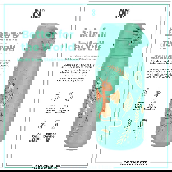 A teal stainless steel water bottle, featuring a dragon design, sits against a white background; it is described as carbon neutral, fully recyclable, odour resistant, and dishwasher safe.