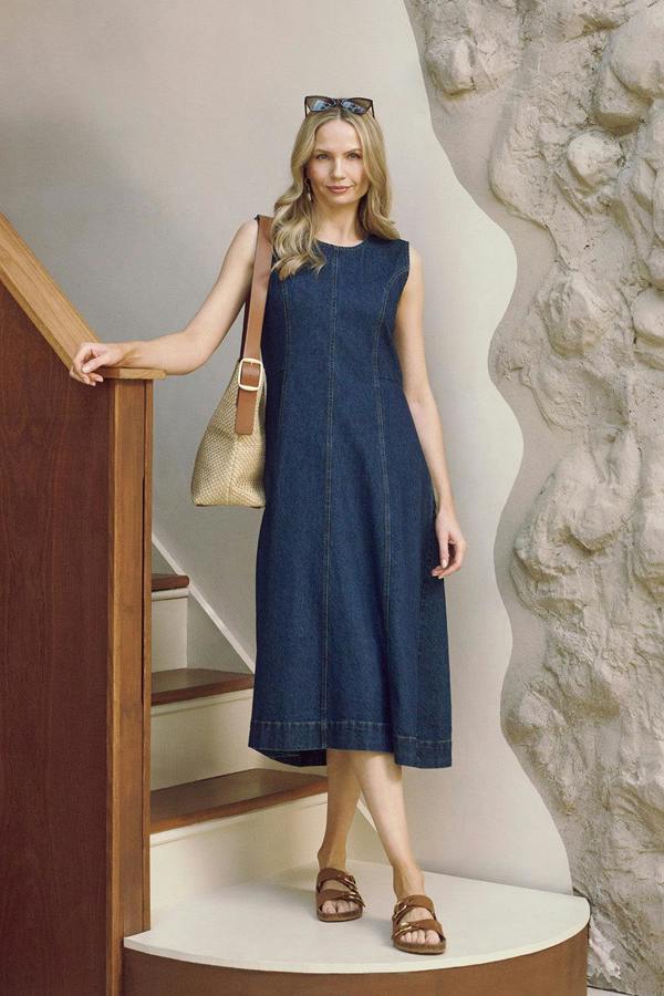 Blue | Denim Sleeveless Midi A-Line Dress : Model is 5'10"/178 cm and wears UK10/EU38/US6/AUS10