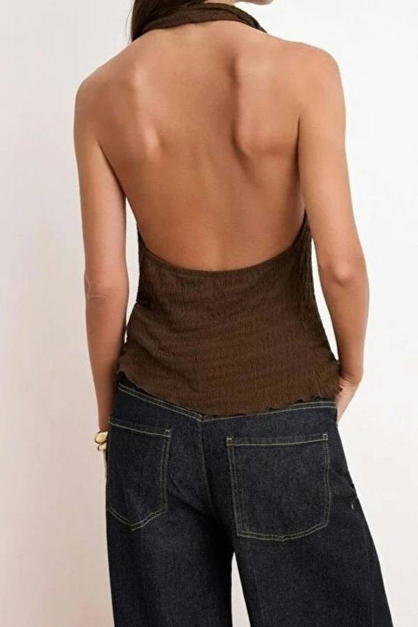 WOVCOR Fitted V-Neck Backless Textured Knit Blouse