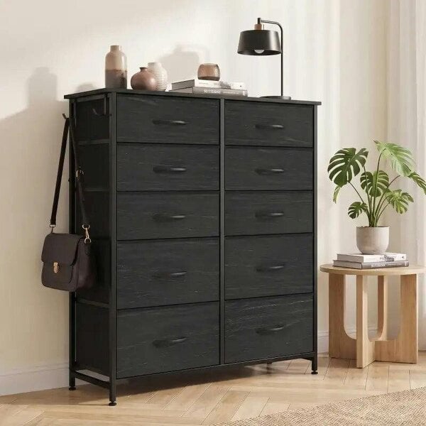 Chest of Drawers, Dresser with 10 Fabric Drawers, Tall Storage Unit with 4 Pockets and 2 Hooks Steel Frame, Black - Black