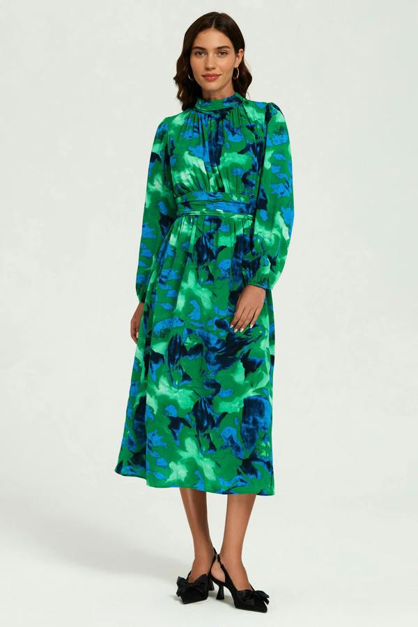 FS Collection Abstract Floral Print Long Sleeve Midi Dress In Green