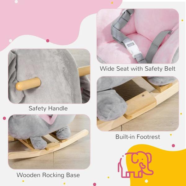 Grey elephant rocking horse with safety belt, safety handle, wooden base and footrest
