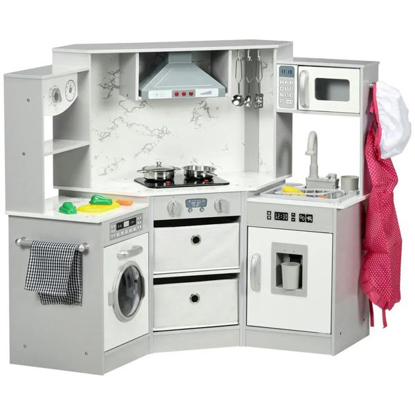 Kids toy kitchen playset with stove, sink, oven doors, and hanging apron, grey