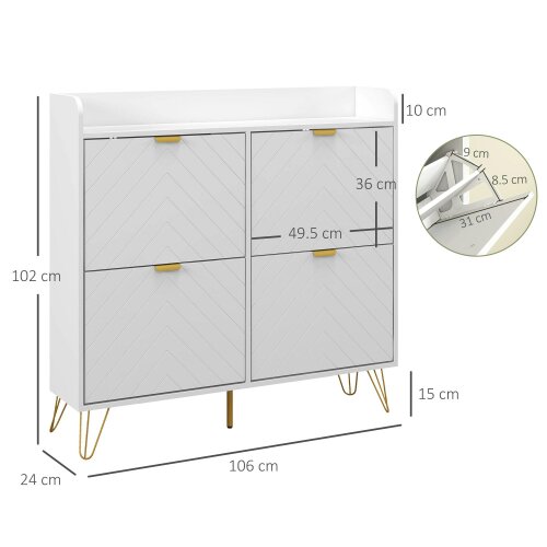 Wyld Haus Zikase Wooden White Chevron Slim Shoe Cabinet With 4 Flip Drawers For 16 Pairs