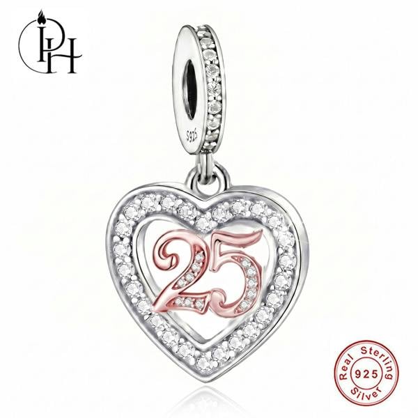 Parus Home 25th Birthday Charm Pandora Compatible 925 Sterling Silver Heart Dangle, Daughter Bracelet Gift