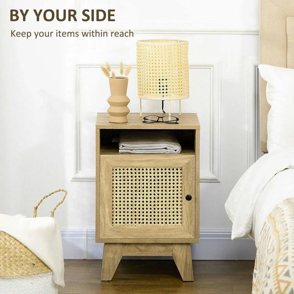 Compact narrow rattan nightstand with open shelf and cabinet door, natural wood, black pull
