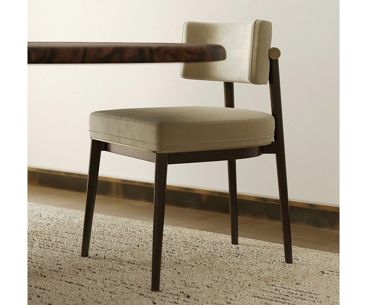 Sophisticated Frank dining chair with minimalist lines and elegant brass accents.