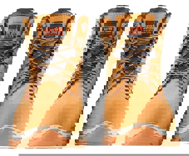 Scruffs Ridge Mens SBP Safety Steel Toe Midsole Work Ankle Boots, front view showing tan and black leather construction with steel toe cap and sturdy design.