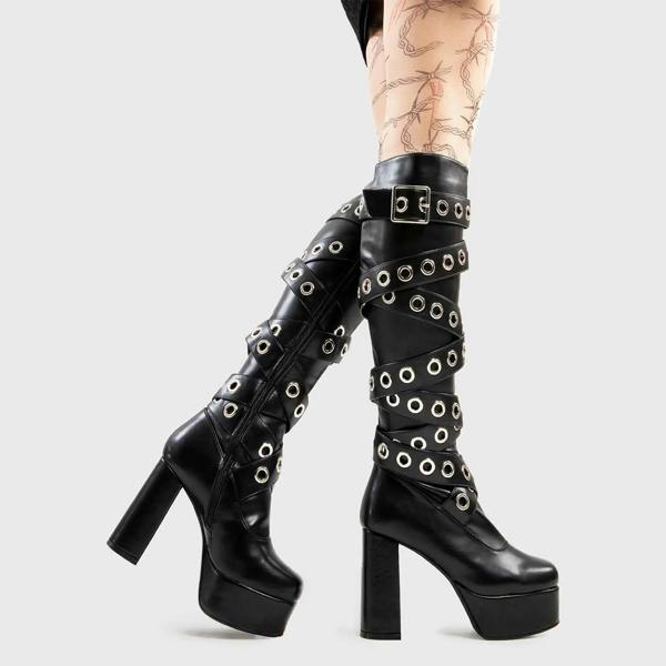 Lamoda Manhunt Black PU Platform Knee High Boots Sleek Stylish Streetwear UK3