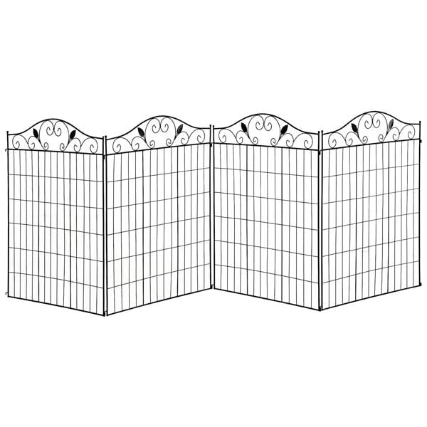 Black metal wire garden fence, four panels with decorative scroll top and corner connector