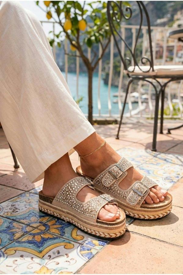 Aria Womens Rhinestone Buckle Platform Sandals - BEIGE