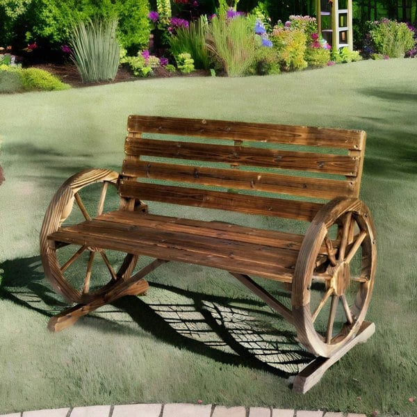 Rafaelo Mobilia Wooden 2 Seater Wagon Wheel Outdoor Bench Rustic Brown