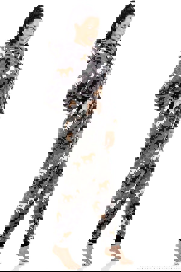 Camille Womens Supersoft Fleece Grey Horse Print All In One