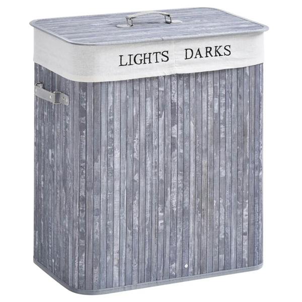 Grey fabric laundry hamper with hinged lid, LIGHTS and DARKS label on top