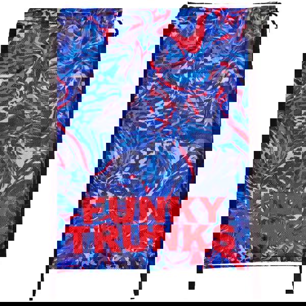 Funky Trunks Mad Cat Mesh gear bag in vibrant blue red abstract design