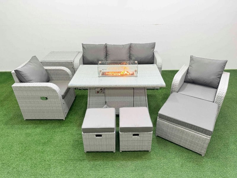 Fimous PE Rattan Garden Furniture Set Reclining Chair Sofa Lounge Sofa Set Fire Pit Dining Table Side Table 3 Stools Light Grey
