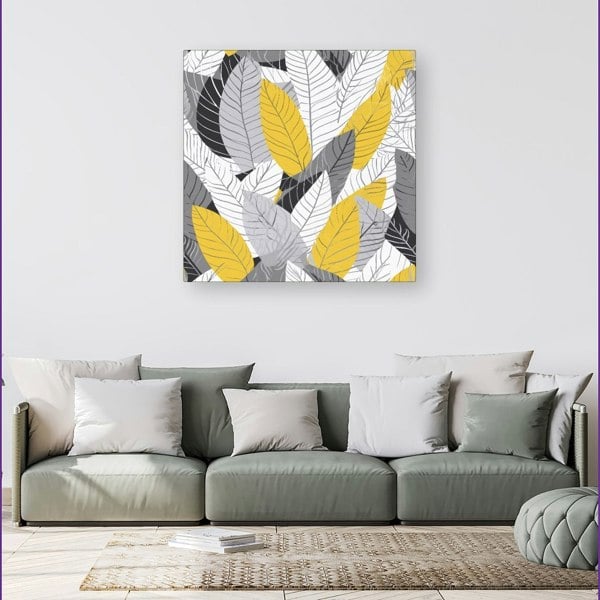 Warren Reed Yellow Grey Feather Leaves Canvas