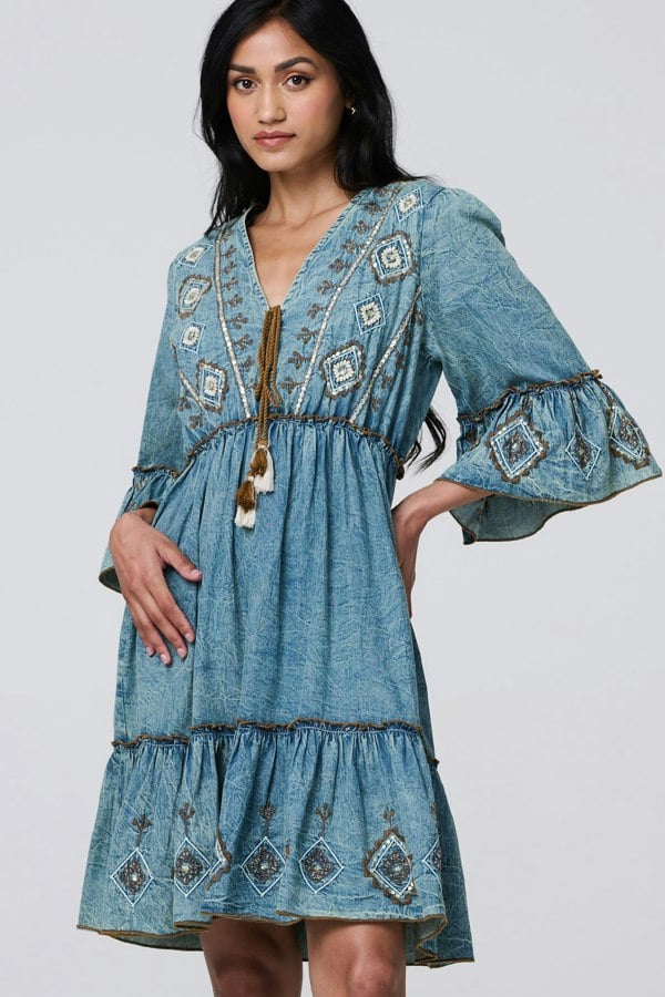 Indigo | Embroidered Tassel Detail Knee Length Dress
