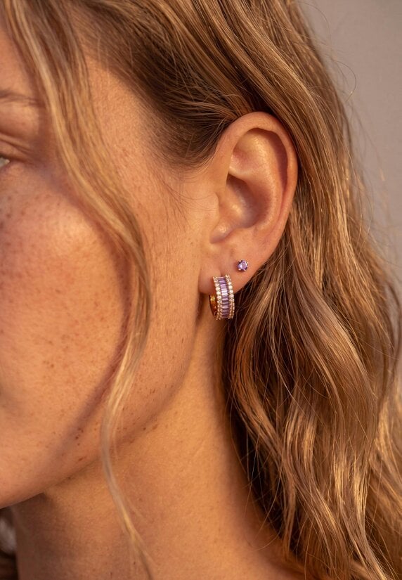 Latelita Baguette Huggie Hoop Earrings Amethyst Lilac Gold