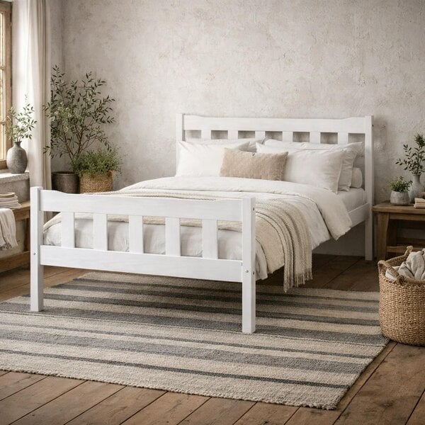 Wyld Haus Tralee White Washed Wooden 4ft6 Double Bed with Slatted Headboard and Footboard